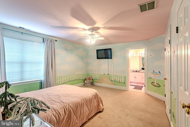 2 Wilderness Dr, Medford, NJ 08055 - carpeted bedroom featuring baseboards, a ceiling fan, connected bathroom, and visible vents