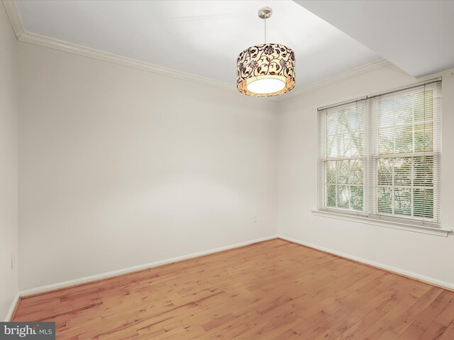 spare room with baseboards, crown molding, and light wood finished floors