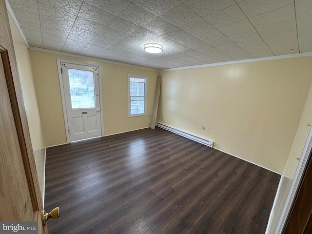 interior space with ornamental molding, dark wood-style flooring, and a baseboard radiator