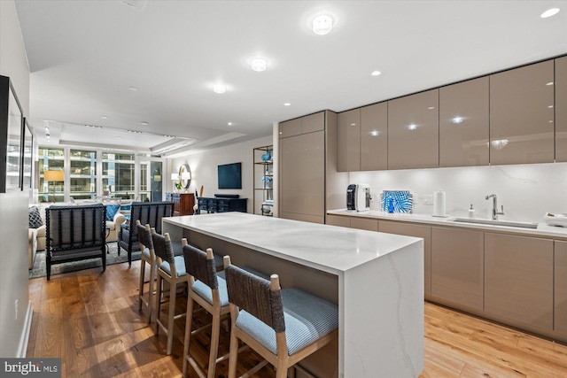 kitchen featuring a sink, light wood finished floors, gray cabinetry, and modern cabinets