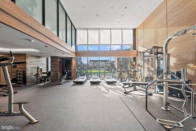 gym with wood walls, floor to ceiling windows, and a city view