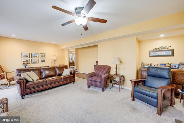 living room with recessed lighting, baseboards, carpet floors, and ceiling fan