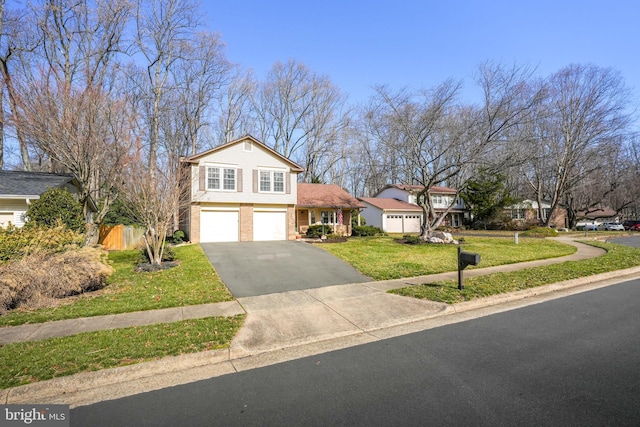 view of front of home with aphalt driveway, an attached garage, brick siding, and a front lawn