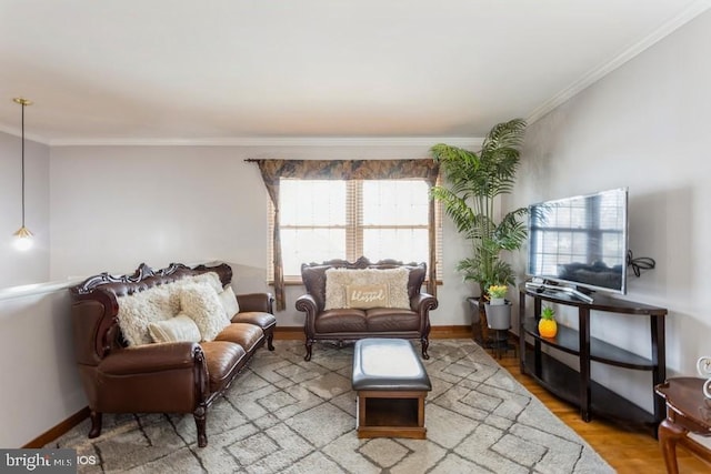 living room with baseboards, ornamental molding, and wood finished floors