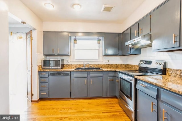 kitchen featuring under cabinet range hood, stainless steel appliances, a sink, light wood-style floors, and gray cabinets