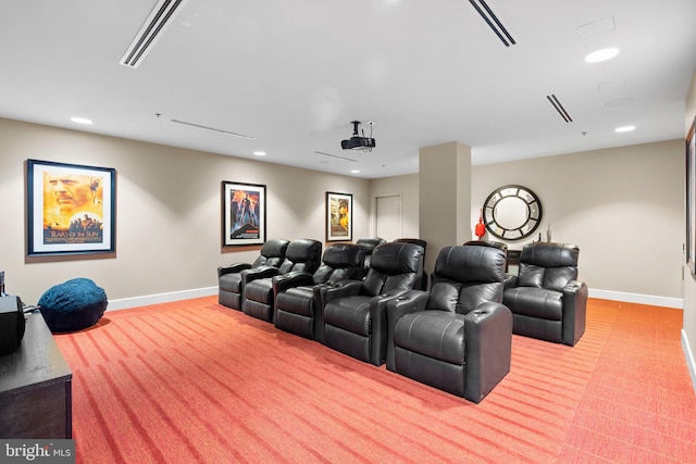 home theater with recessed lighting, visible vents, baseboards, and light colored carpet