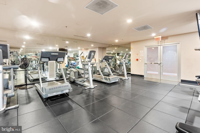 gym with recessed lighting, french doors, visible vents, and baseboards