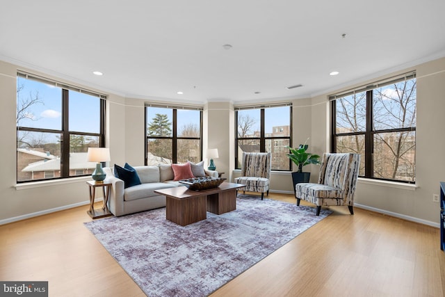 living room featuring ornamental molding, light wood-type flooring, and a healthy amount of sunlight