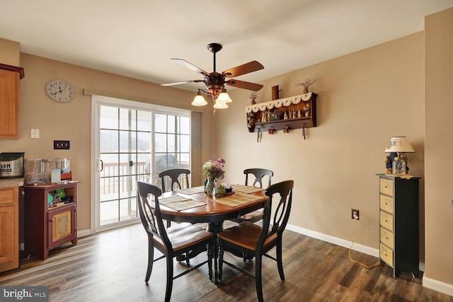 dining room featuring a ceiling fan, baseboards, and dark wood-type flooring