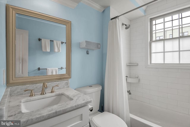 full bath with ornamental molding, shower / bath combo, vanity, and toilet