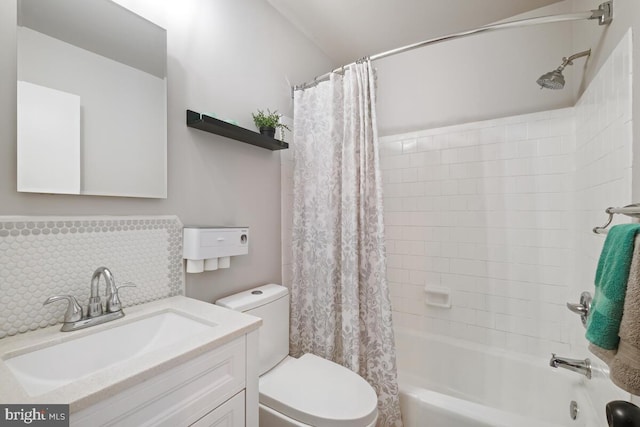 full bathroom with toilet, decorative backsplash, shower / bath combination with curtain, and vanity