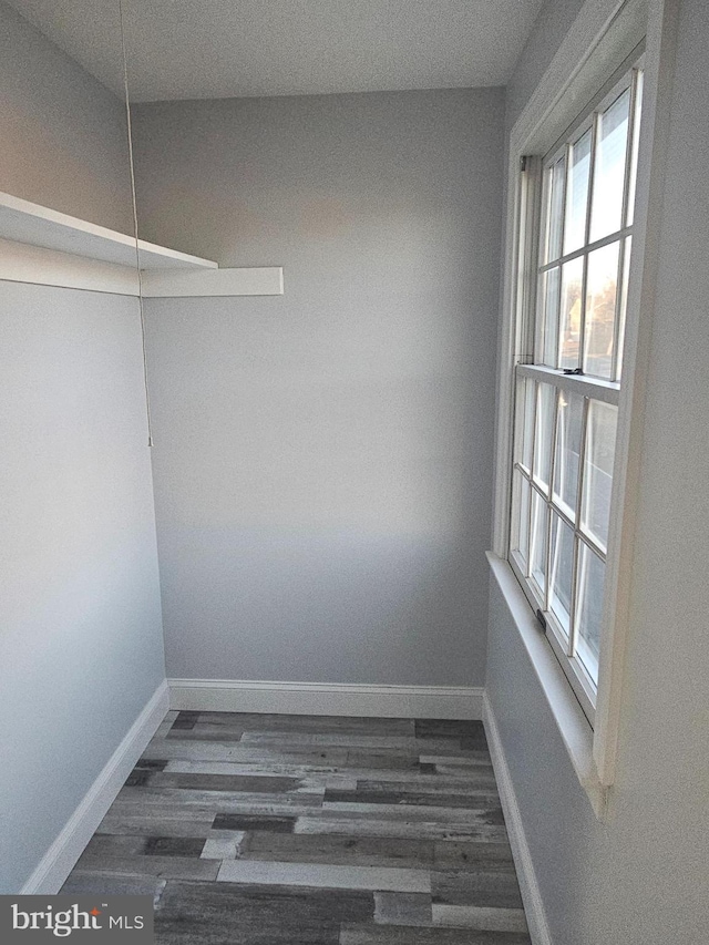 walk in closet with dark wood-style flooring