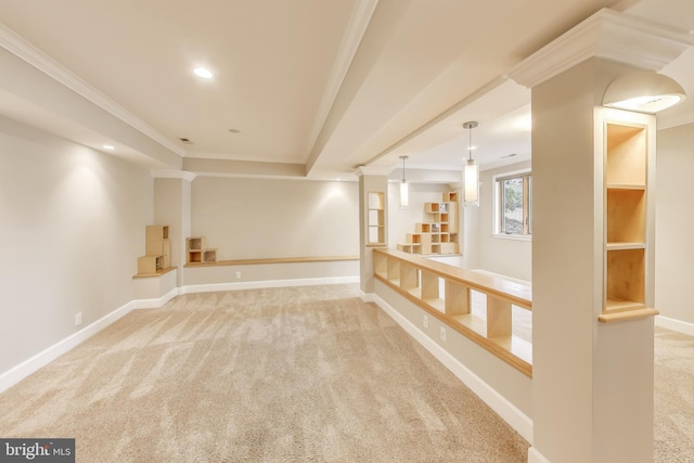 carpeted empty room with ornamental molding, stairway, and baseboards