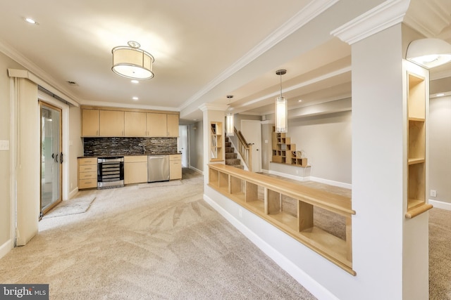 kitchen featuring tasteful backsplash, dishwasher, light colored carpet, wine cooler, and light brown cabinetry