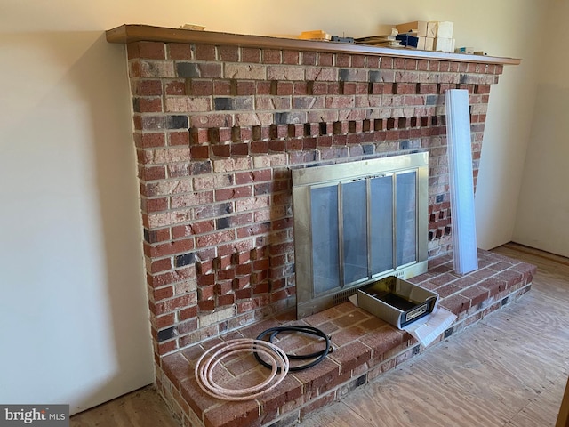 details featuring a fireplace and wood finished floors