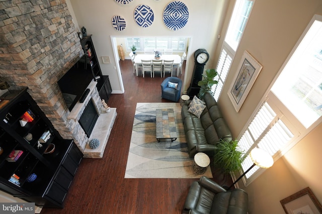 living area featuring a high ceiling, a fireplace with raised hearth, and dark wood finished floors