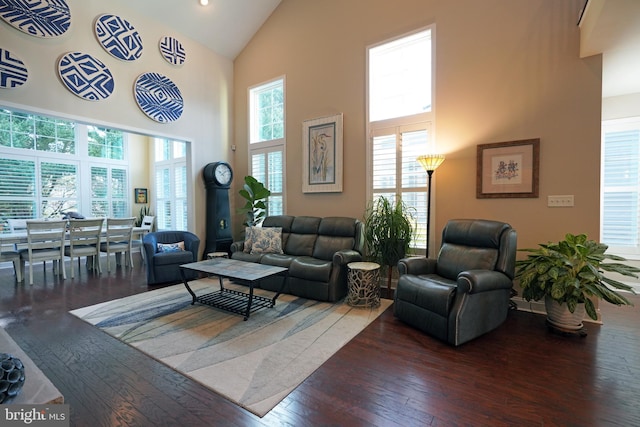 living area with high vaulted ceiling and dark wood finished floors