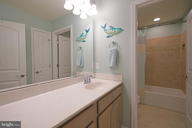 full bath featuring tile patterned flooring, toilet, vanity, a closet, and shower / bathtub combination with curtain