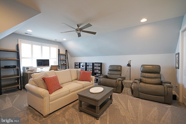 living room with carpet, recessed lighting, visible vents, a ceiling fan, and vaulted ceiling