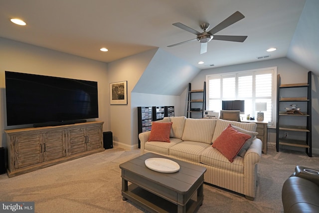 living room with recessed lighting, light carpet, visible vents, baseboards, and vaulted ceiling