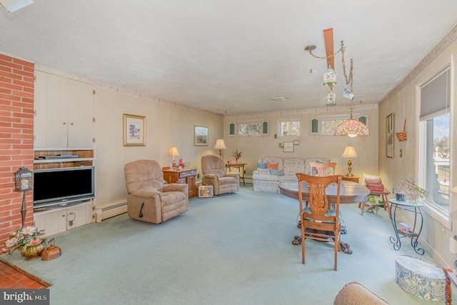 living area with carpet and baseboard heating