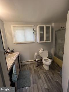 bathroom featuring toilet, vanity, and wood finished floors