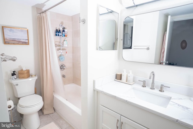 full bathroom with toilet, shower / bath combo, vanity, and tile patterned floors