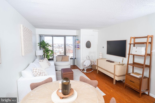 living area with a textured ceiling and wood finished floors