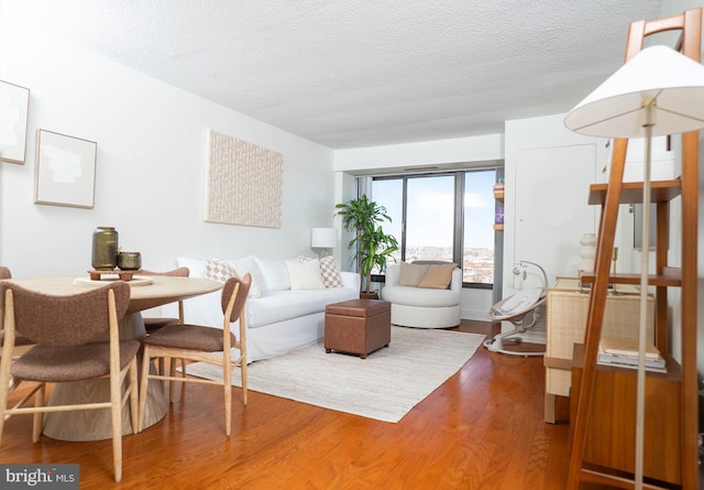 living area with a textured ceiling and wood finished floors