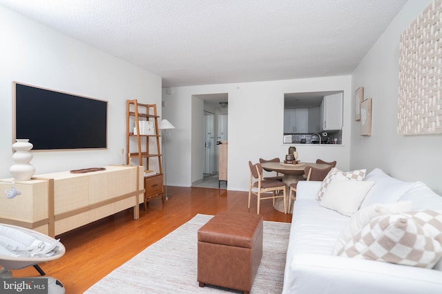 living area featuring a textured ceiling and wood finished floors