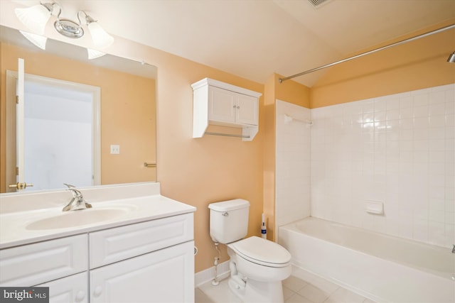 full bath featuring shower / bathing tub combination, toilet, vanity, tile patterned flooring, and baseboards