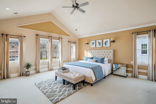 bedroom with lofted ceiling, carpet, baseboards, and ceiling fan