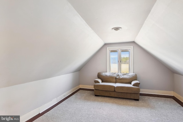 additional living space featuring vaulted ceiling, carpet, visible vents, and baseboards