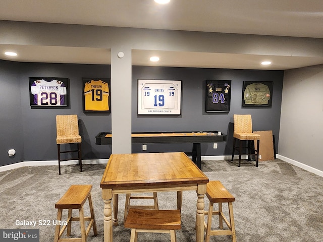 game room featuring carpet flooring, recessed lighting, and baseboards