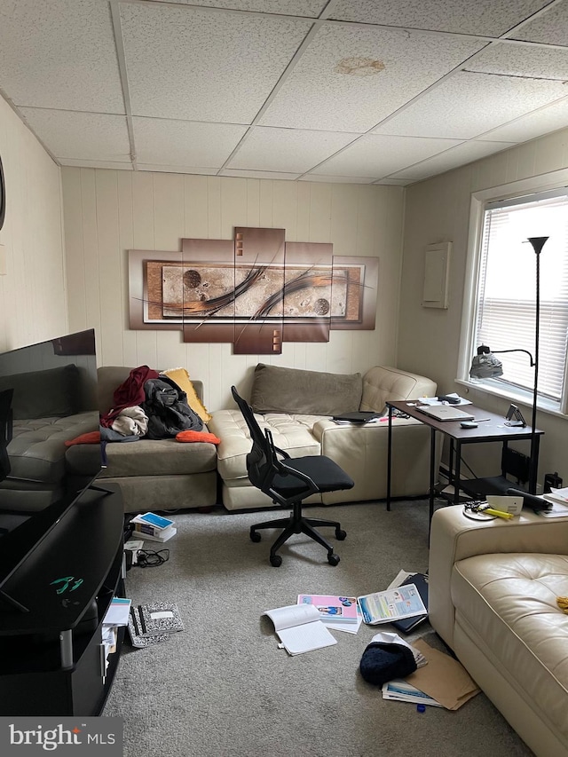 living room featuring a paneled ceiling and carpet flooring