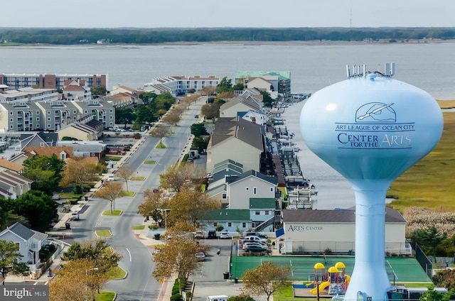 drone / aerial view with a water view