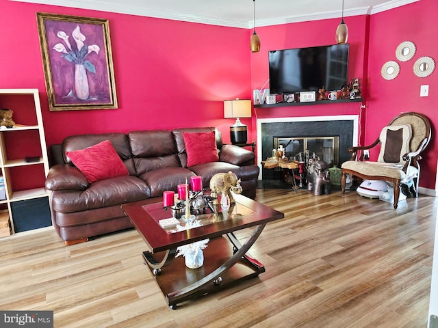 living room with ornamental molding, a glass covered fireplace, and wood finished floors