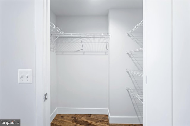 walk in closet with wood finished floors