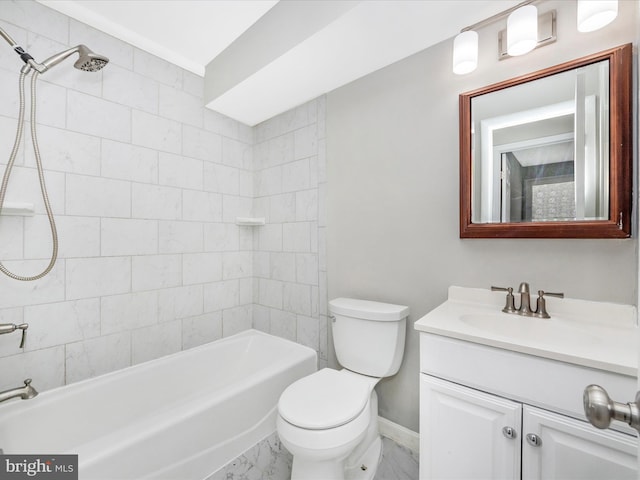 bathroom featuring baseboards, toilet, marble finish floor, tub / shower combination, and vanity