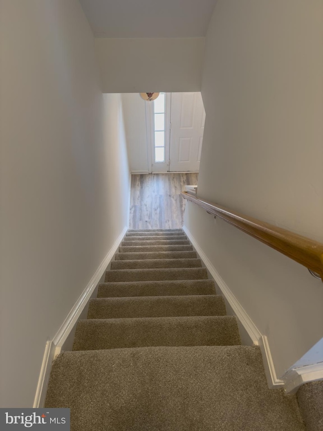 stairway with carpet and baseboards