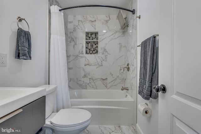 bathroom with marble finish floor, shower / tub combo with curtain, vanity, and toilet