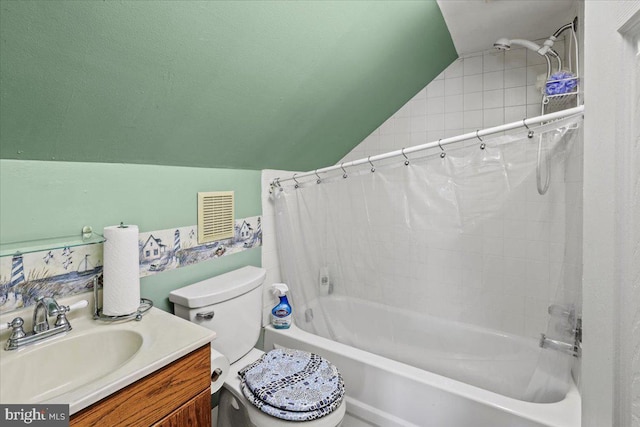 bathroom with visible vents, toilet, shower / bathtub combination with curtain, vaulted ceiling, and vanity