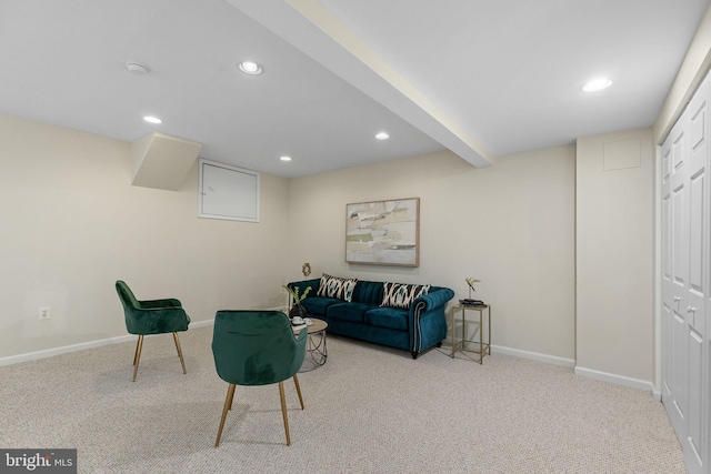 living area with baseboards, beamed ceiling, carpet flooring, and recessed lighting