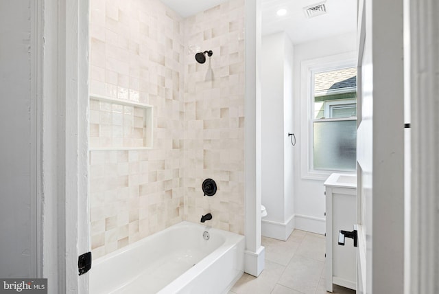 full bath with bathing tub / shower combination, visible vents, vanity, baseboards, and tile patterned floors