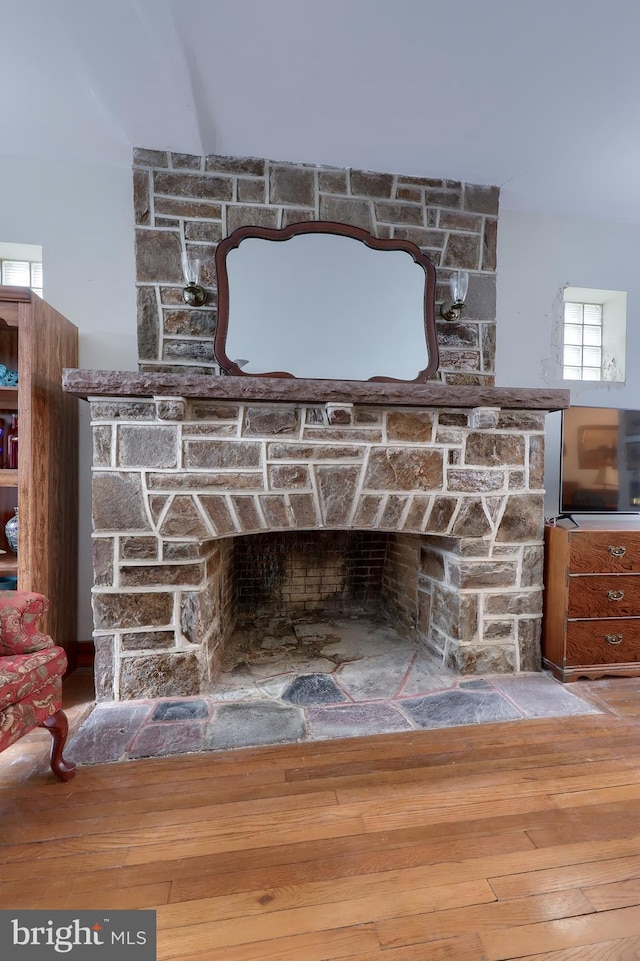 room details with a fireplace and wood finished floors