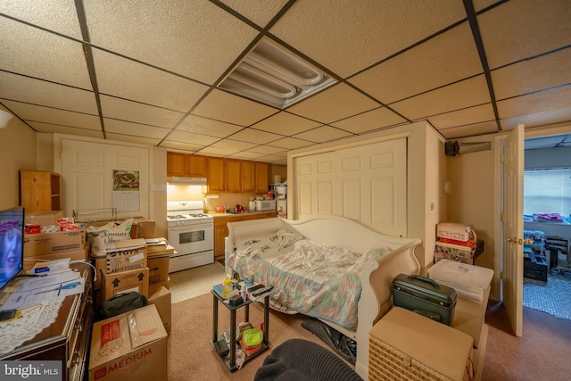 carpeted bedroom featuring a drop ceiling