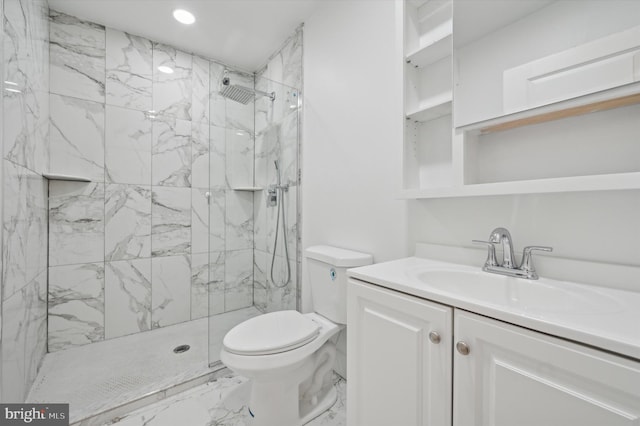 full bath featuring marble finish floor, a marble finish shower, recessed lighting, toilet, and vanity