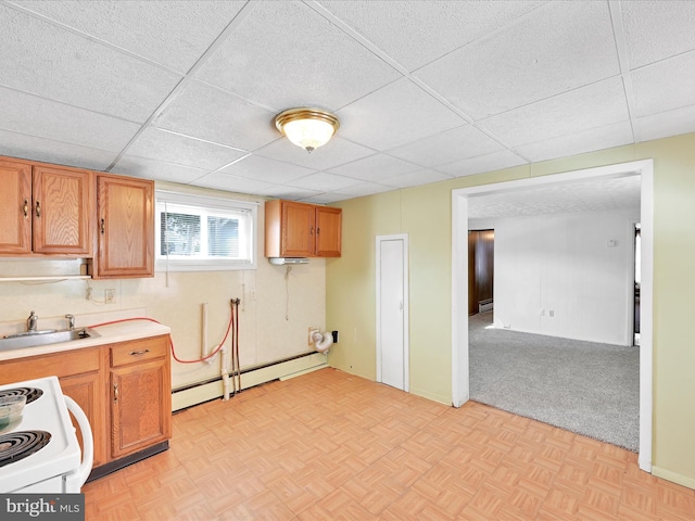 kitchen with a baseboard radiator, a sink, light countertops, brown cabinetry, and white range with electric cooktop