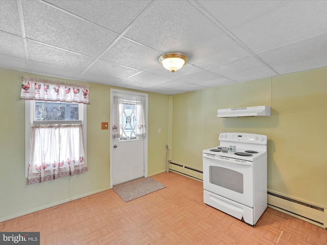 kitchen featuring electric range, baseboard heating, a baseboard heating unit, a drop ceiling, and under cabinet range hood