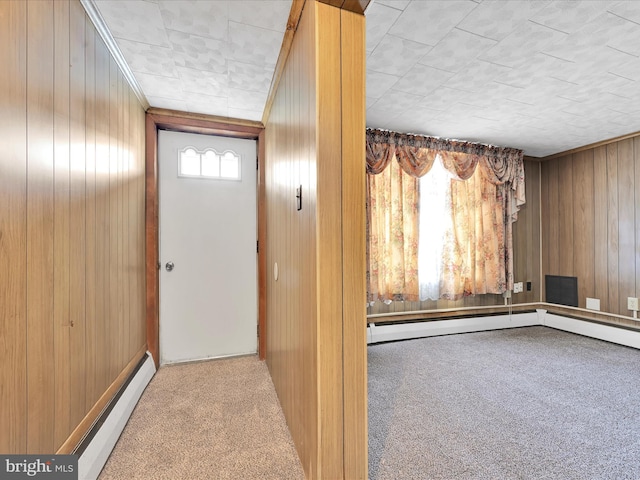 entryway with wood walls and carpet flooring